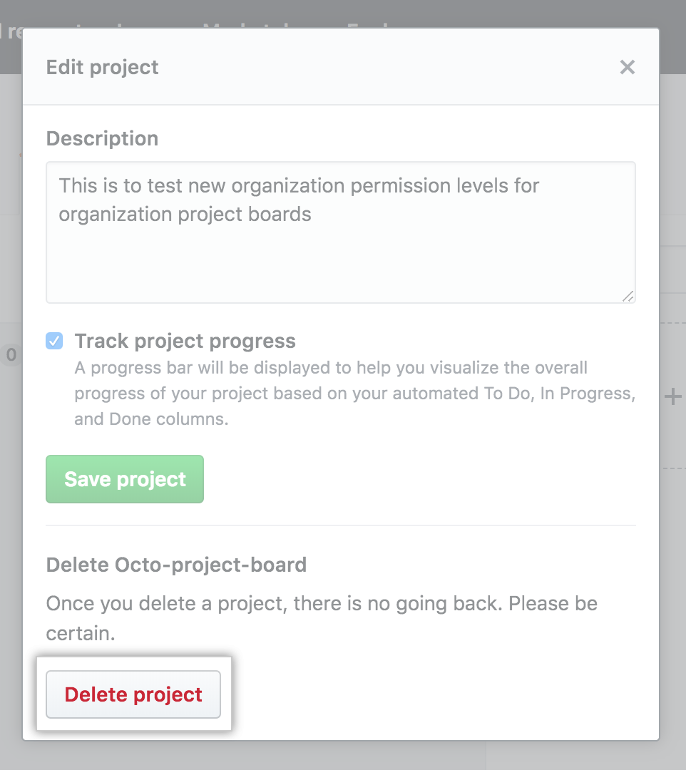 Botão Delete project (Excluir projeto)