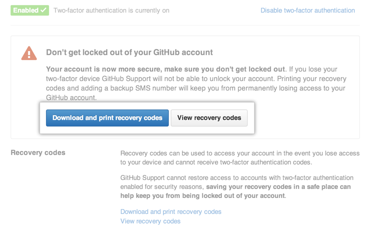 Botón Download recovery codes (Descargar códigos de recuperación)