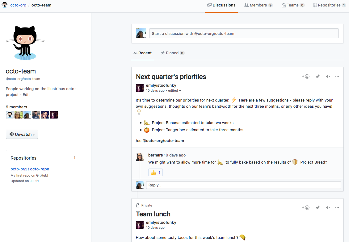 Teamseite mit einer Auflistung der Teammitglieder und Diskussionen