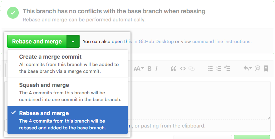 „Rebase and merge“ (Rebase und Merge) aus Dropdownmenü auswählen