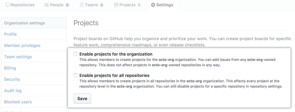 Kontrollkästchen, um Projekte für eine Organisation oder für alle Repositorys einer Organisation zu deaktivieren