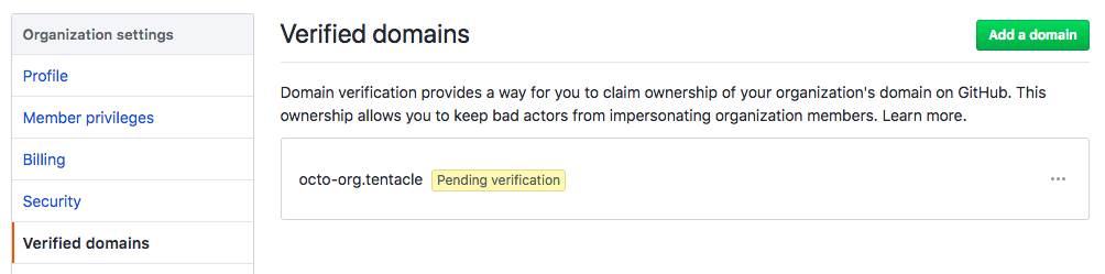 Verified domains settings page with pending domain