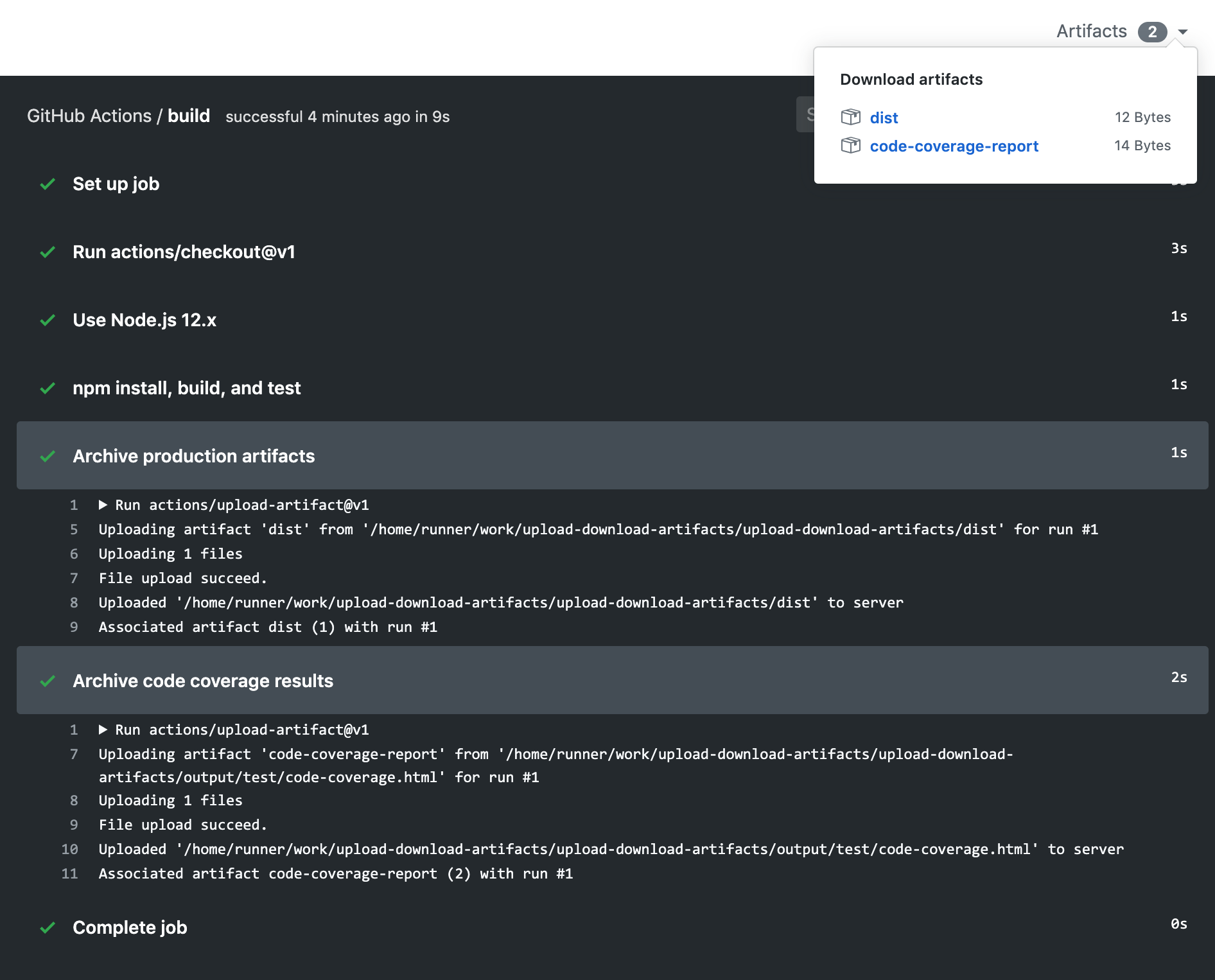 Image of workflow upload artifact workflow run