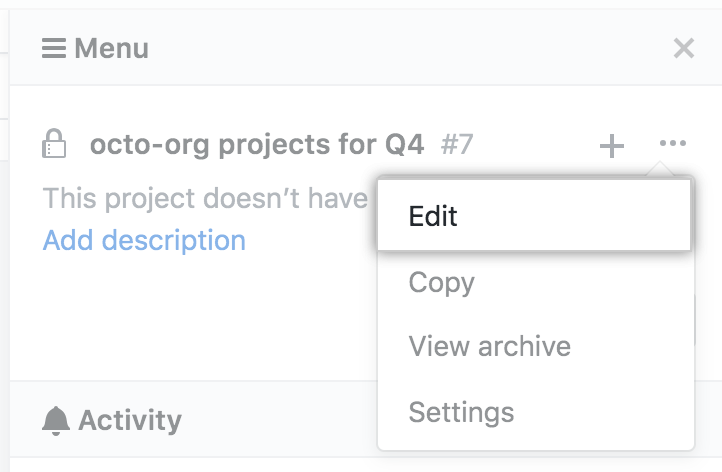 Opção de editar no menu suspenso da barra lateral do quadro de projeto