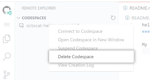Excluir um codespace em GitHub
