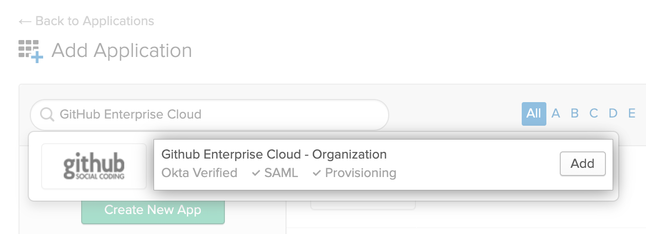 Clicking "Add" for the GitHub Enterprise Cloud application
