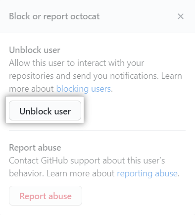 Modal box with option to unblock user or report abuse