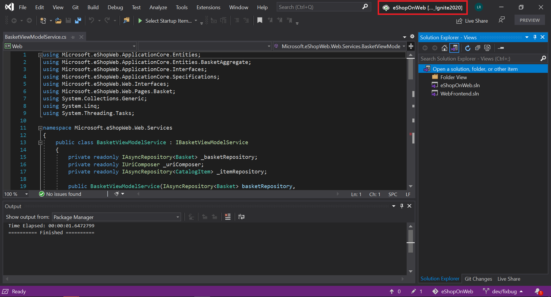 Visual Studio connected to eShopOnWeb repository codespace