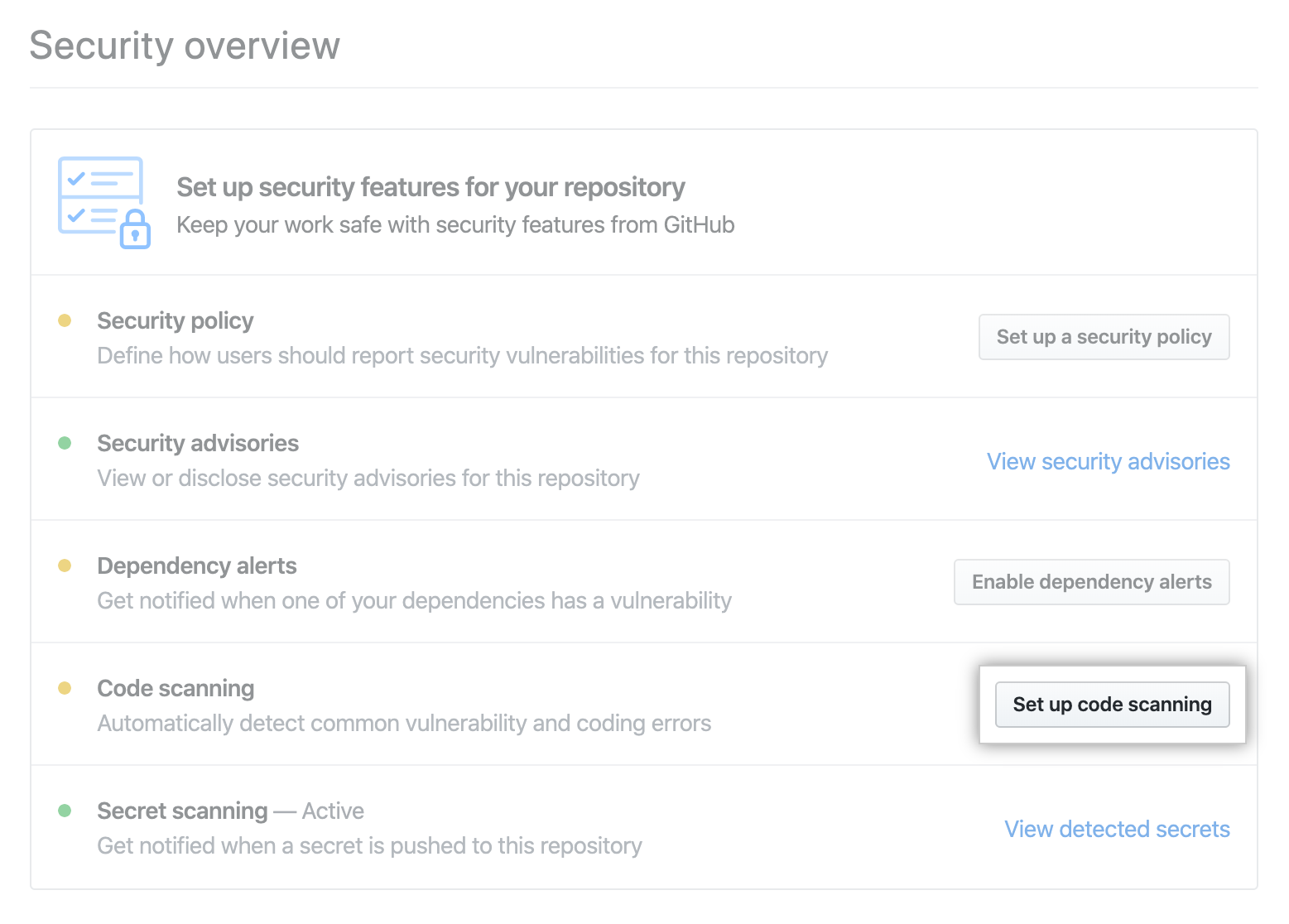 "Set up code scanning" button to the right of "Code scanning" in the Security Overview