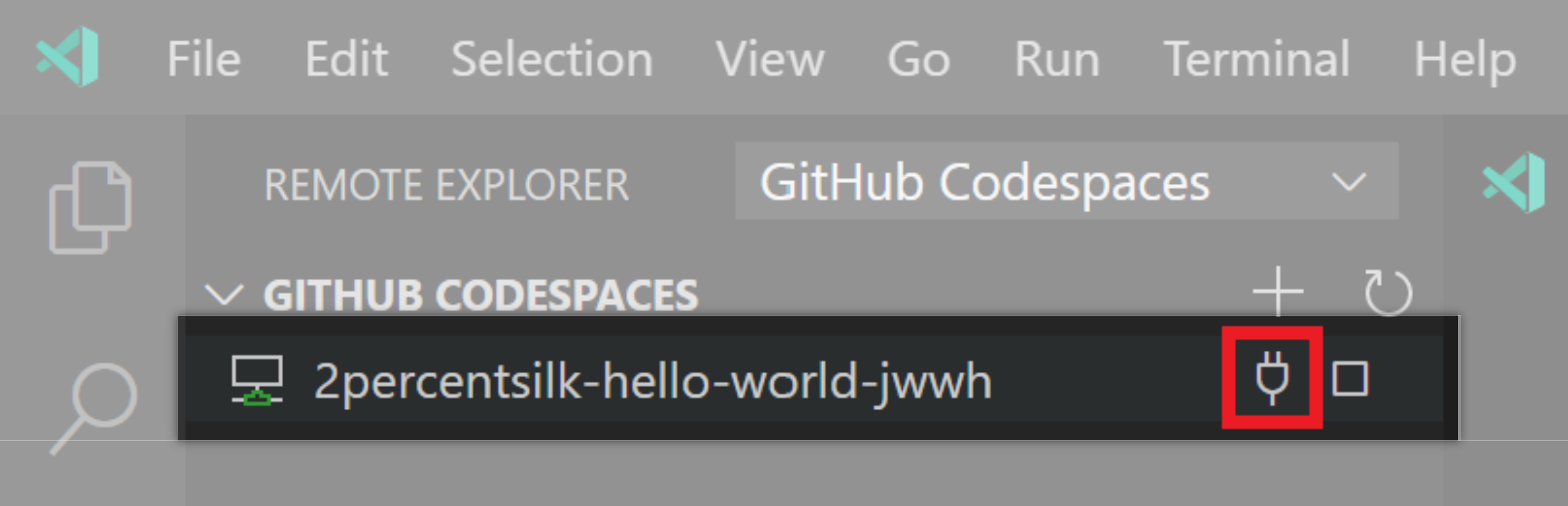The Connect to Codespace icon in Visual Studio Code