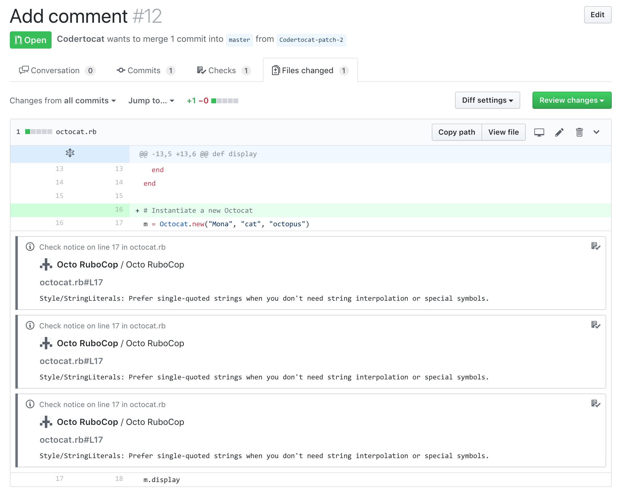 文件已更改选项卡中的检查运行注释