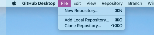 Opções do menu Arquivo para criar, adicionar e clonar repositórios