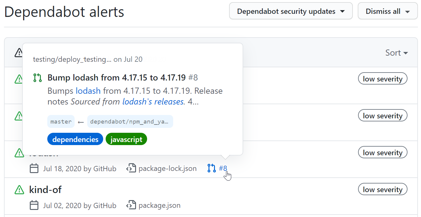 Dependabot 警报 视图显示拉取请求链接