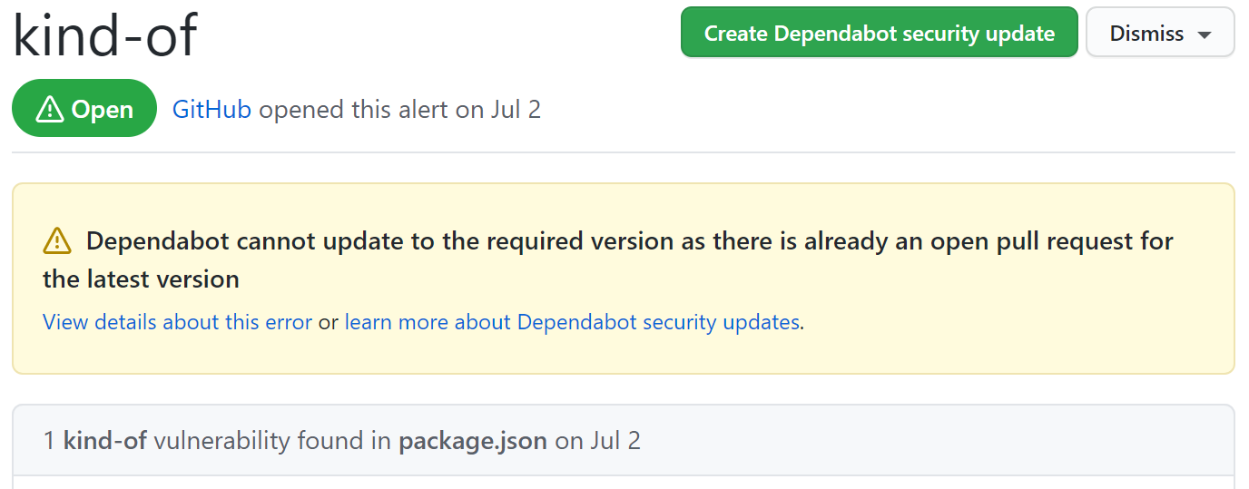 Dependabot 警报显示阻止创建拉取请求的错误