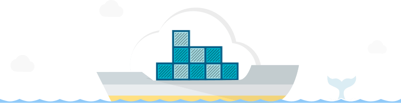 Cargo ship with containers embedded within a cloud. A whale swims in the background.
