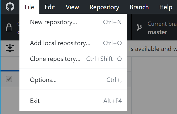The File menu options for creating, adding, and cloning repositories