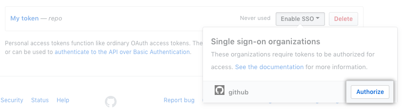 Botão de autorização do token