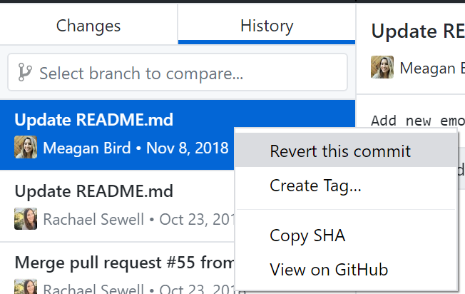 The Revert option above the diff view