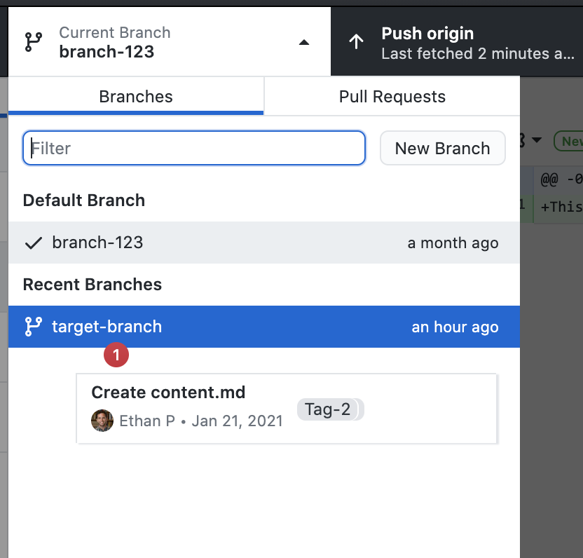 Dragging a commit to another branch in the Current Branch menu