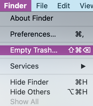 La opción de vaciar la papelera en la barra de menú