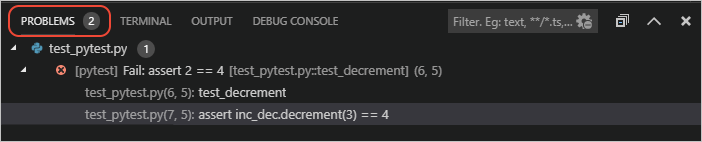 Test results for pytest in the Problems panel