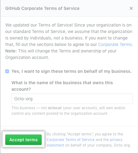 Accept terms button