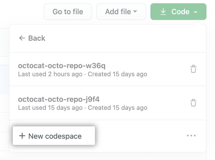 New codespace button