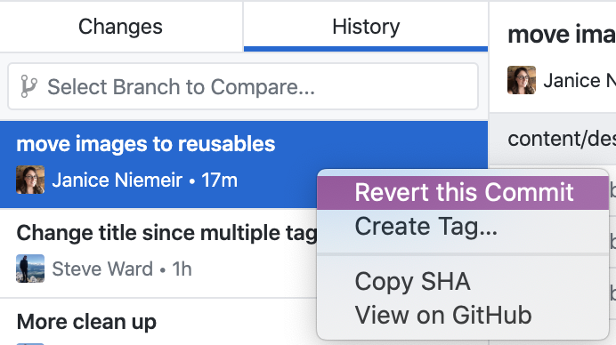 Diffビューの上にあるRevertオプション
