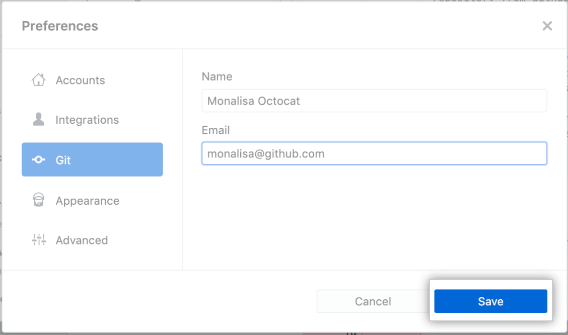 Git 設定フィールドの [Save] ボタン