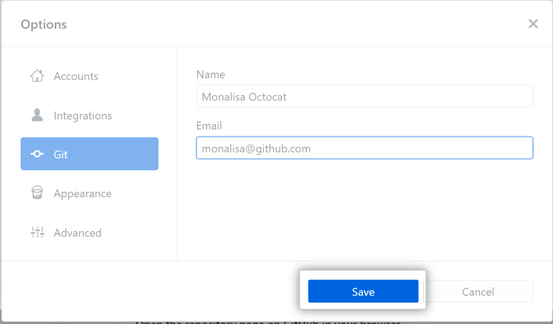 Git 設定フィールドの [Save] ボタン