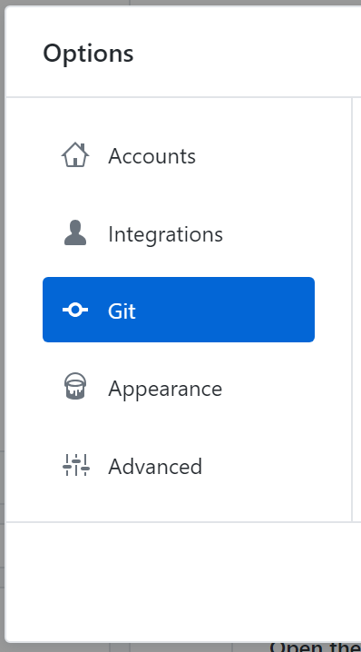 [Options] メニュー内の Git ペイン