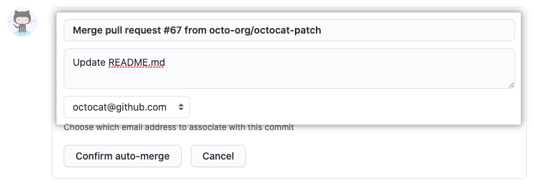 Fields to enter commit message and description and choose commit author email