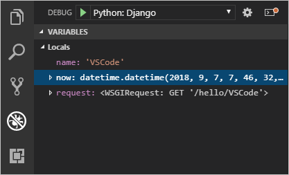Django tutorial: local variables and arguments in VS Code during debugging