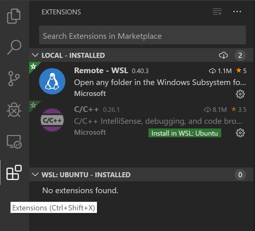 Install in WSL button