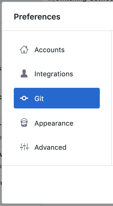 The Git Pane in the Preferences menu