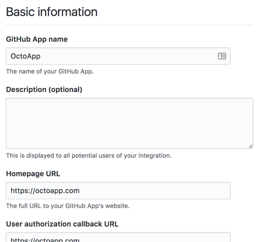 Sección de información básica para tu GitHub App