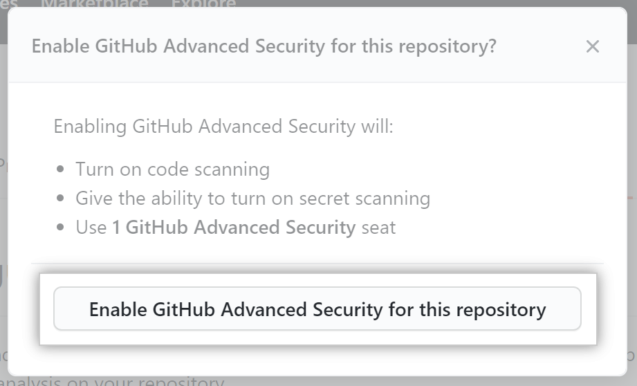 Confirme a habilitação de Segurança Avançada GitHub para o seu repositório