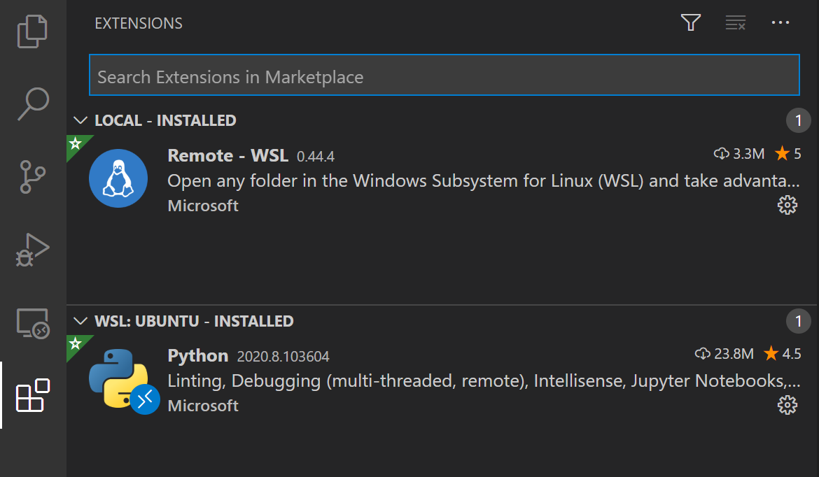 WSL installed extensions