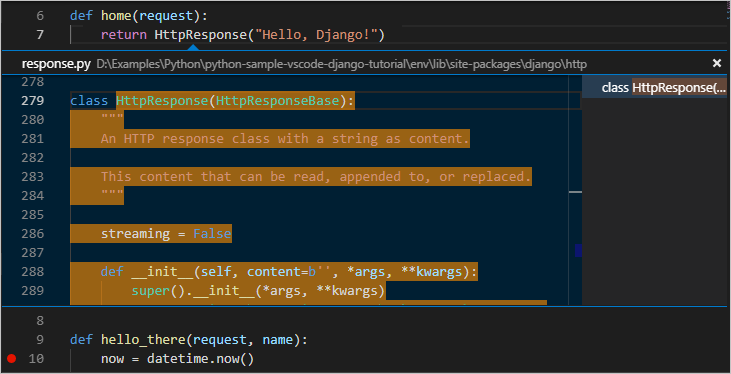 Django tutorial: Peek Definition showing the Flask class inline