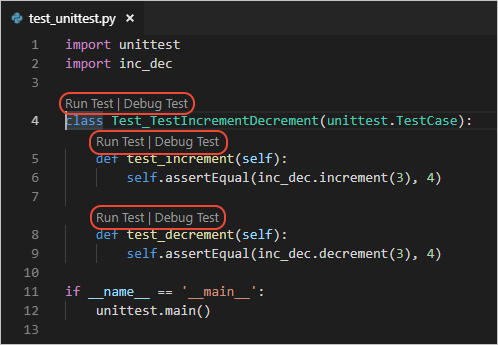 Test adornments that appear in the VS Code editor for unittest code
