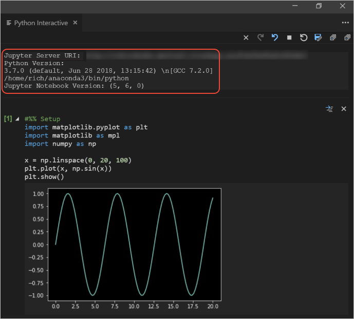 The Python Interactive window showing that code is running on a remote Jupyter server
