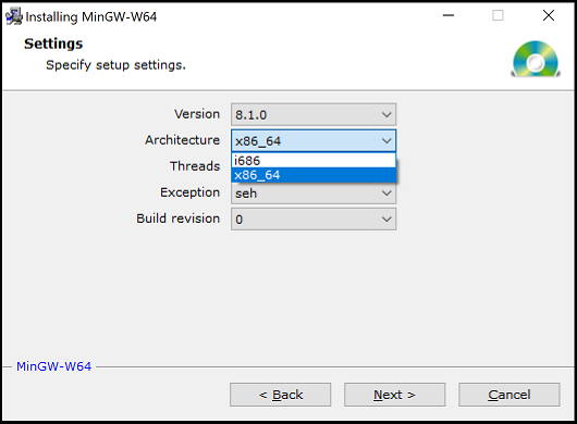 Choose x86_64 on the MinGW settings page