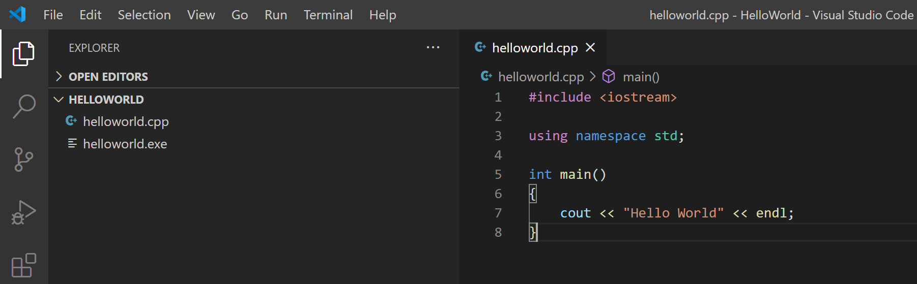 helloworld.exe in the File Explorer