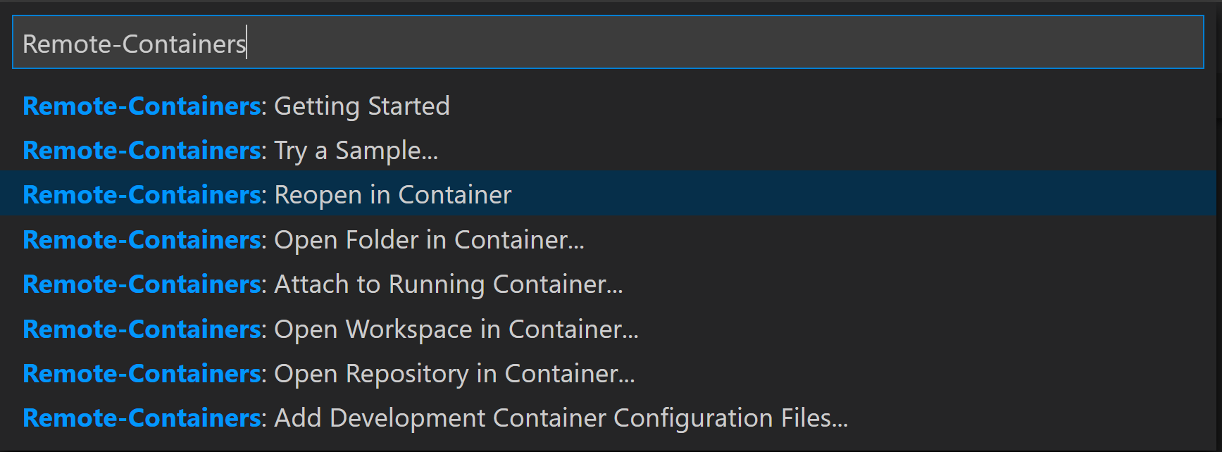 Quick pick with list of Remote-Containers commands