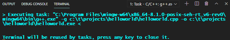 G++ build output in terminal