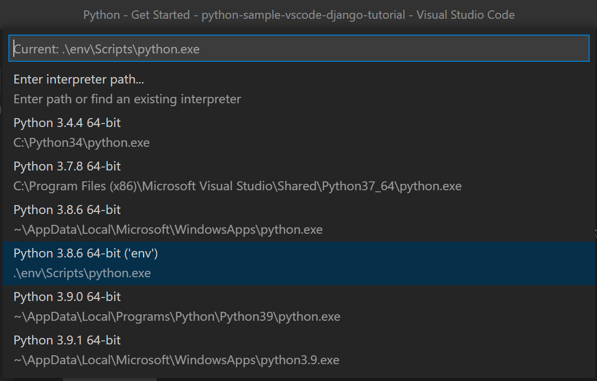Django tutorial: Selecting the virtual environment for Python
