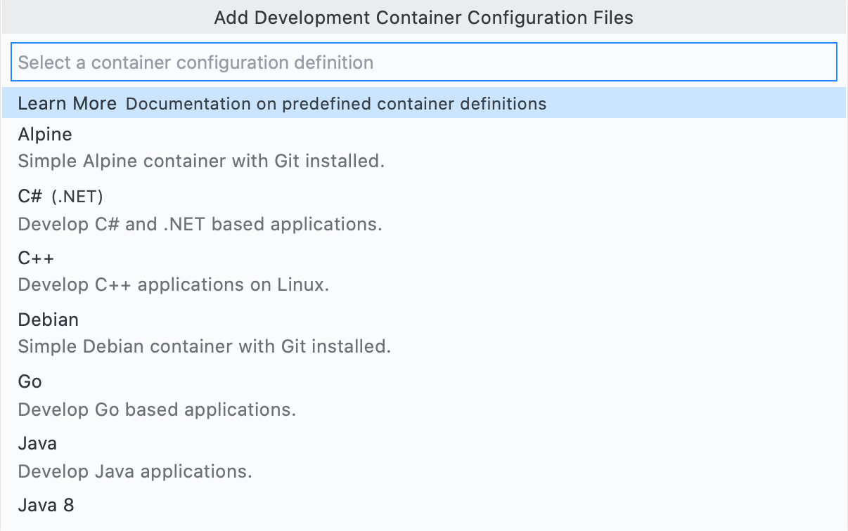 List of predefined container definitions
