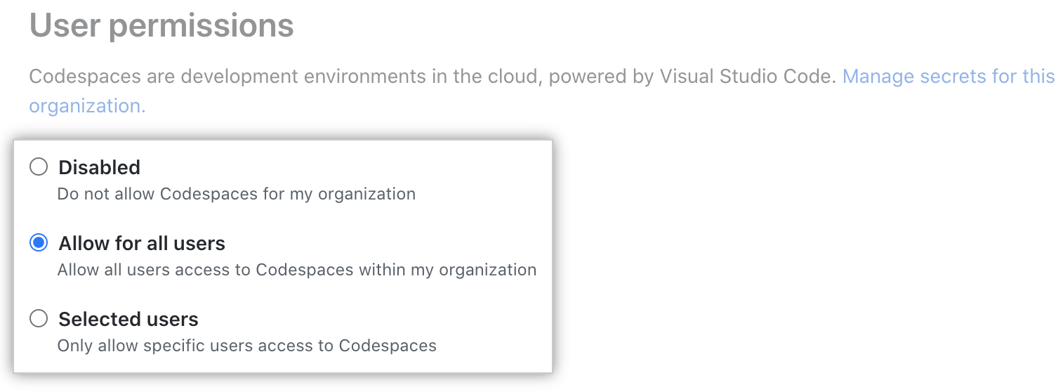 Radio buttons for "User permissions"