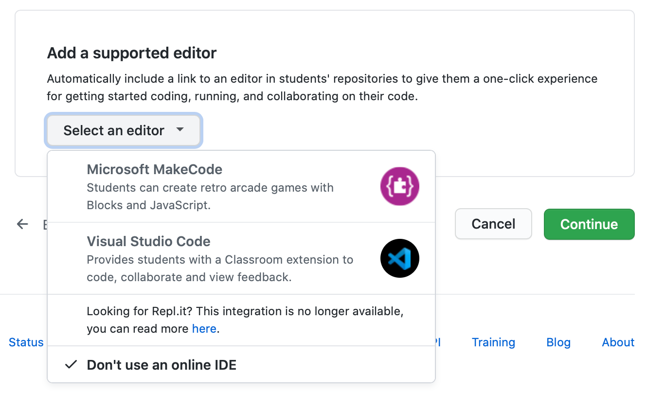 Using the 'Select an online IDE' drop-down menu to click an online IDE for the assignment