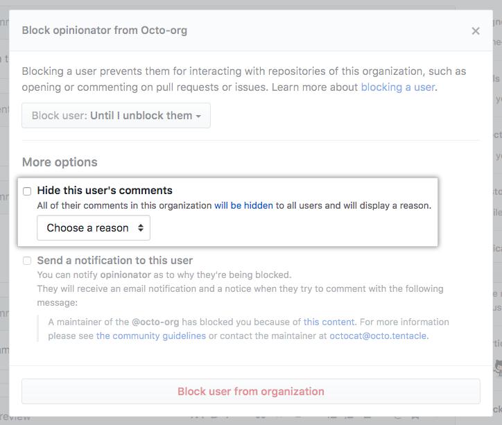 Enviar uma notificação no menu suspenso Block user (Bloquear usuário)